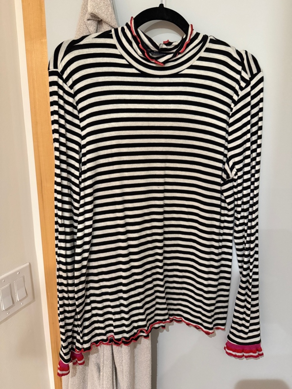 Splendid Black & White Striped Long Sleeve Turtleneck with Red Trim